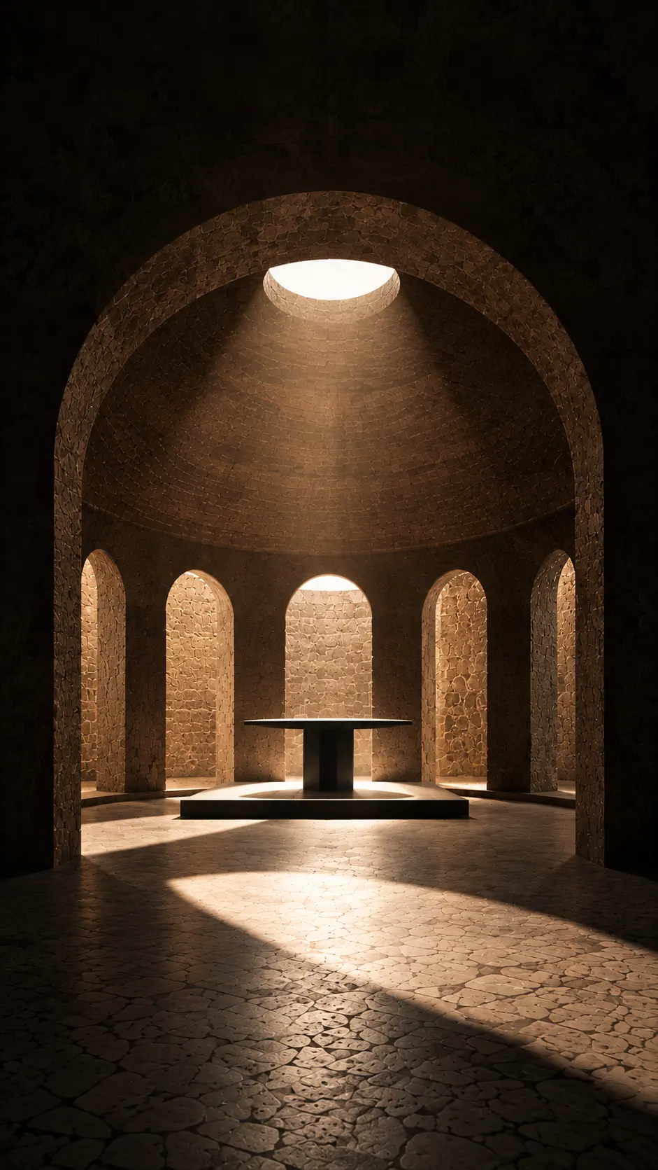 A stone rotunda lit from an oculus above a central table